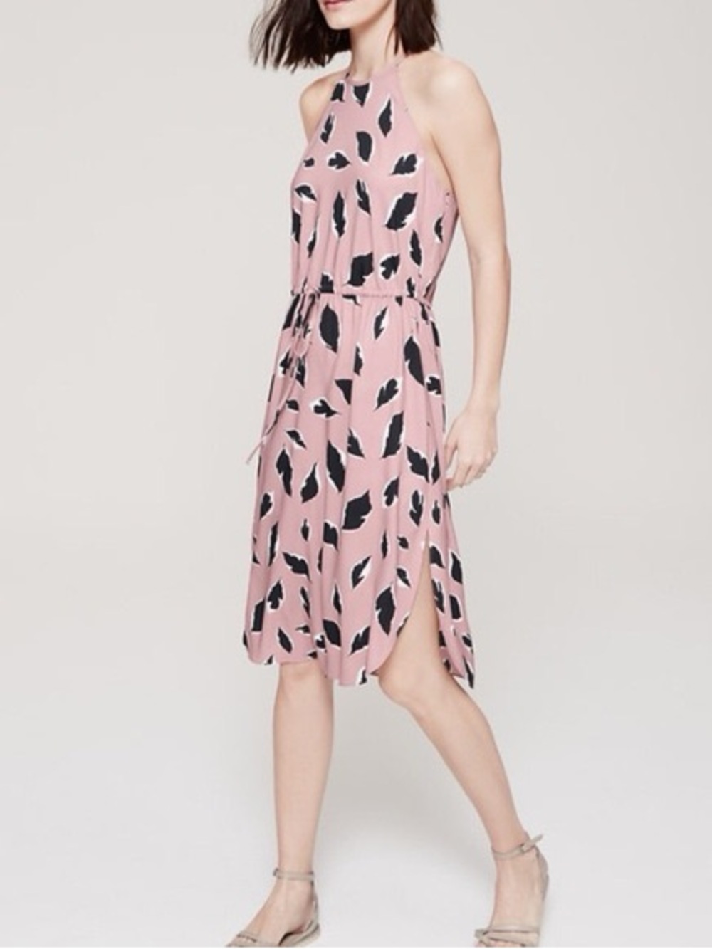 Loft Women’s Dress Pink with Black Feather Print Sleeveless Halter Feminine Chic